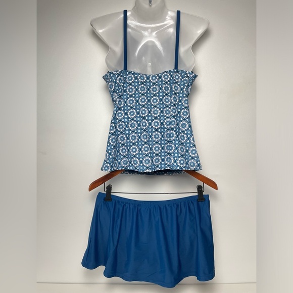 Ellen Tracy Blue Geometric Tankini Top Swim bikini with skirt set Women 10 Pads - Picture 3 of 9